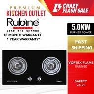 Rubine 2 Burner 5.0Kw Glass Hob RGH-VISTA2B-BL | Anti Gas Leaking Safety Valve | Cast Iron Pan Suppo