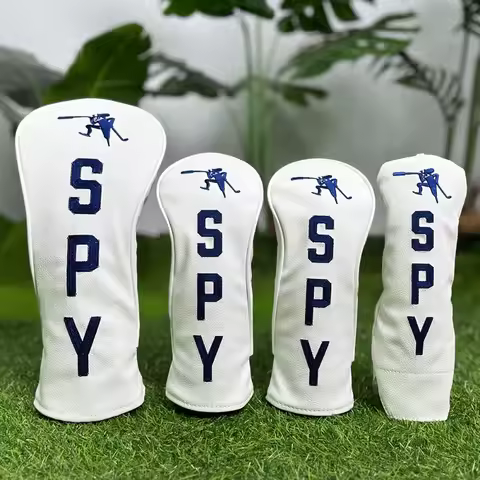 Golf club head cover with prominent "SPY" lettering and golfer silhouette - white, stylish and durab