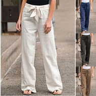 Linen pants women plus size  Solid wide leg pants High elastic straight casual pants Long with adjus