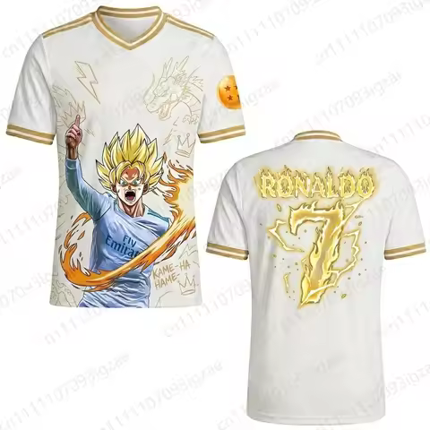 2026 New Athletic Summer Unisex Super Saiyan Goku Ronaldo 7 White Gold Shenron Graphic V-Neck Soccer
