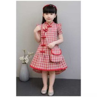 RED SQUARED CHINESE NEW YEAR CHEONGSAM DRESS FOR GIRLS FREE NEWBORN BAG AGES 6 MONTHS TO 7 YEARS