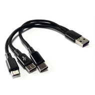5A Fast Charging USB 2.0 3-way Cable Double Braid 20cm, USB 2.0 A Male to 2 Type C Male & Micro USB 