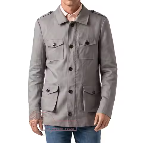 Collared Long Gray Field Jacket With Epaulettes Men's Suit Jacket Safari Blazer Custom Slim Fit Set