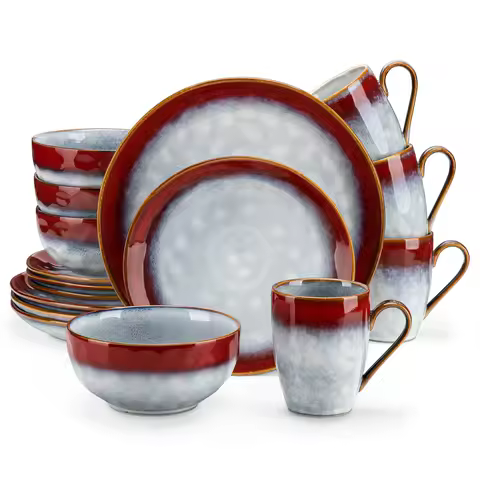 VANCASSO 16/32/48-Piece Starry Dinner Set,Kiln Change Glaze Tableware Dinner Service with Dinner Pla