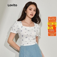 Lovito Casual T-Shirt Floral Puff Sleeve Square Neck T-Shirt for Women L45ED080 (Multi-Color)