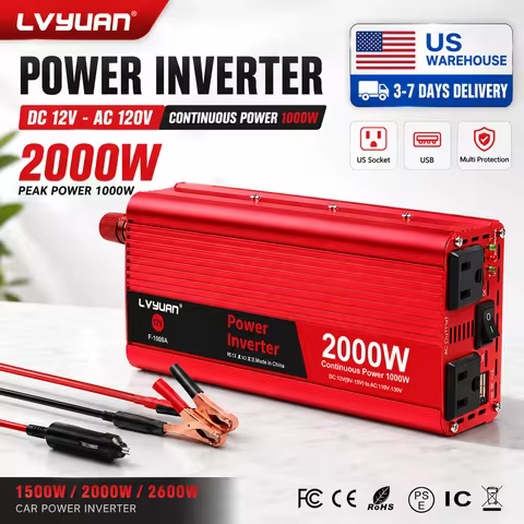 DC 12V AC 120V 1500W/2000W/2600W Peak Power Inverter 2US Sockets USB Charge 60Hz Car Power Voltage C