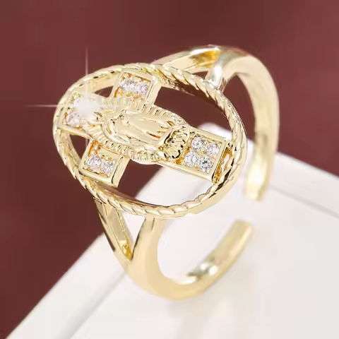 Classic Virgin Mary Cross-Shaped Design Synthetic Zirconia Adjustable Ring For Banquets And Gifts La