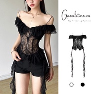 Gaeul store-Floral lace 2-piece shirt & off-the-shoulder mixed with long fringed fishtail