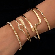5pcs Minimalist Metal Geometric Asymmetrical Bangle Bracelet Set For Women, Includes Wave, Knot Elem