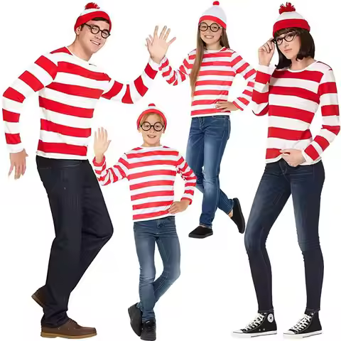 New Wheres Waldo Striped Shirt Youth Kids Boys Wally Costume Shirt Glasses and Hat Socks Unisex Adul