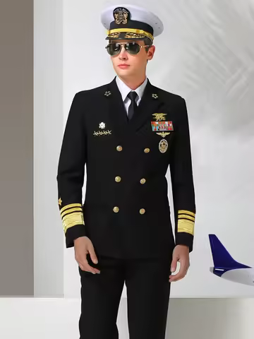 US Aircraft Carrier Officer Uniform Captain Suit Black Include Jacket Pants Hat