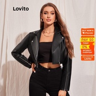Lovito Casual Jacket Plain Zipper PU Leather Lapel Neck Moto Jacket for Women L45LD008 (Black)
