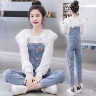YQ Autumn New Ripped Denim Suspender Pants Women's Fashionable Korean Style Small Cropped Jumpsuit Two-Piece Suit