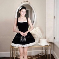 Short 2-strap dress, square neck dress with low back and lace skirt C777(Z6)