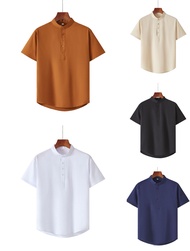2032 Chinese Collar Half Button Short Cotton Sleeve Polo Shirt For Men Menswear