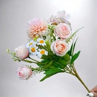 法式小花園玫瑰洋甘菊粉色花束仿真花花材(1入組)