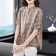 Women Cotton Check Blouse Plus Size Short Sleeve Loose Casual Plaid Round Neck Korean Shirt Lace New