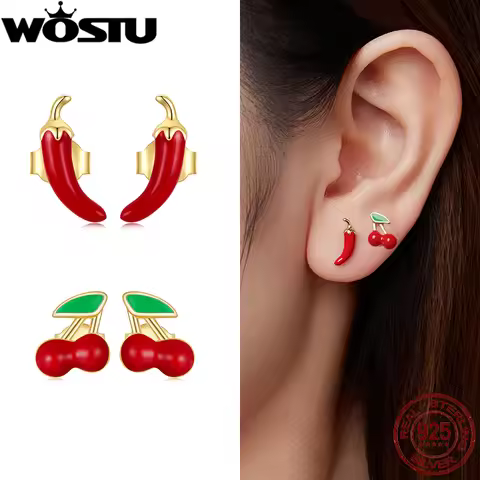 WOSTU 925 Sterling Silver 18K Gold Red Chili Pepper Earrings Cute Cherry Ear Studs For Women Happy E