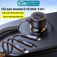 TANGEER 60W Car Fast Charger with Integrated 3-Head Type-C+USB Charging Cord to Charge 5 Devices at 