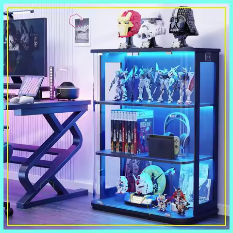 3-Tier Glass Display Cabinet with LED Lights & Motion Sensor, Black Curio Case for Collectibles