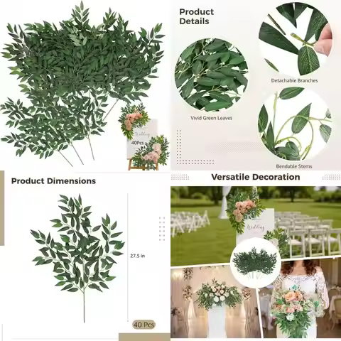 40 Stems Artificial Italian Ruscus Greenery - Faux Leaf Garlands for Home & Outdoor Decor, Lush Gree