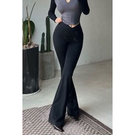 黑色v腰休闲裤女秋季新款高腰紧身显瘦微喇裤垂感拖地马蹄长裤子6678ught3.my260412