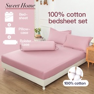 100% Cotton Fitted Bedsheet Set Pure Color Bedsheet Set Free Pillowcase and Bolster case Single/Super single/Queen/King