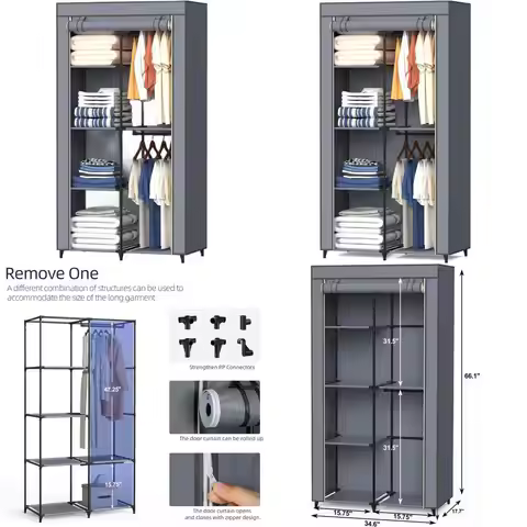 Gray 6-Shelf 2-Rod Portable Wardrobe Closet Organizer for Bedroom, 34.6x17.7x66.1