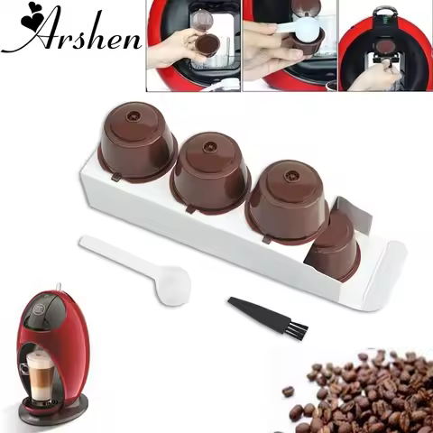 Arshen 3pcs/Set Dolce Gusto Plsatic Refillable Coffee Capsule with Spoon Brush 200 Times Reusable Co