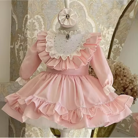 0-12Y Baby Girl Autumn Pink Turkish Vintage Princess Dress for Birthday Photography Holiday Eid Casu