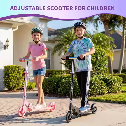 Kids Kick Scooter With LED Light Up Wheels Adjustable Height Foldable Lightweight Toddler Scooter Fo