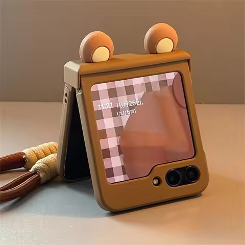 Ins Sweet Korean Bear Ears Brown Case with Portable Rope for Samsung Galaxy Z Flip7 Z Flip 6 Z Flip 