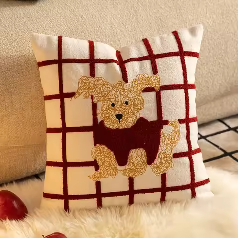 1pc Retro Plaid Puppy Art Print Pillow Cover, 2D Double-Sided Polyester Cushion Case, Rustic Farmhou