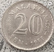 Duit syiling 20 sen Tahun 1988. kondisi duit dalam keadaan baik.