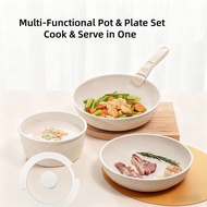 Gaoboos Nonstick Cookware Set Detachable Handle18cm Stockpot 20/26cm Fry Pan 2-in-1 Pot-to-Plate