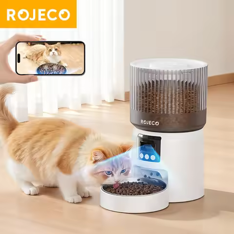 ROJECO Automatic Cat Feeder With 1080P HD Camera Video Smart Pet Food Dispenser WIFI Remote Control 