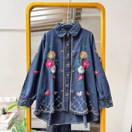 Lavina Floral Embroidered Denim Blouse - Women's Top