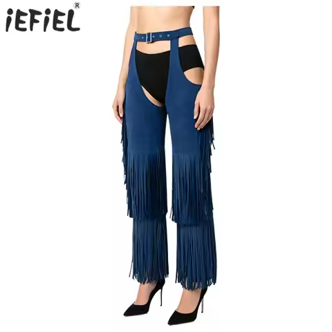Womens Tassel Chaps Wide Legs Cowgirl Pants Cowgirl Cosplay Costume Adjustable Waist Tiered Equestri