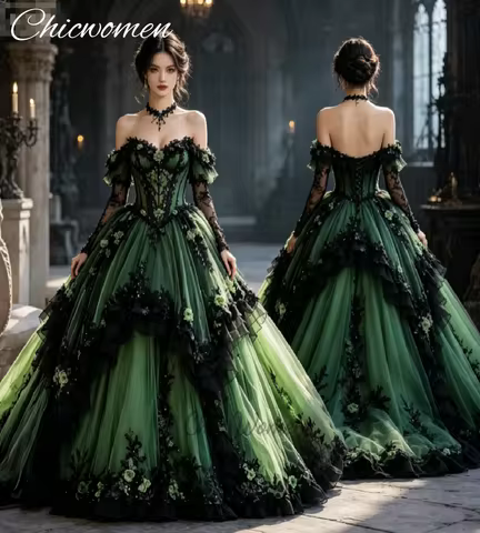 Green Black Gothic Ball Gown Wedding Dress 2026 Enchanted Forest Aesthetic Puff Sleeves 3D Florals B