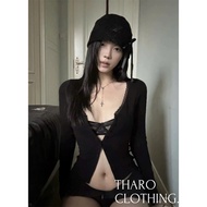 Lace V-Neck Button Long Sleeve T-shirt Women Top - Tharo Clothing [AO00288]