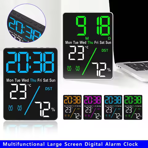 Multifunctional Large Screen Digital Alarm Clock Humidity Display Brightness Adjustment Charging Des