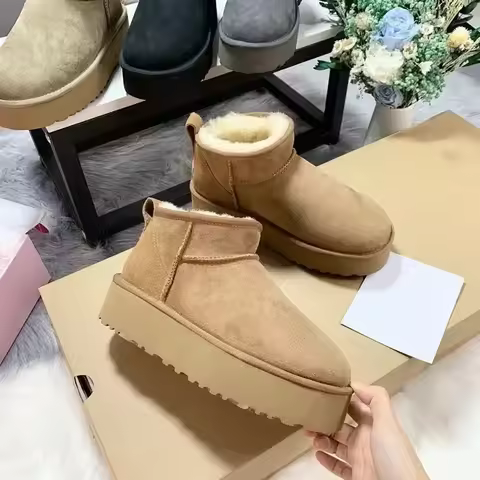 2026 New Classic Ultra Mini Platform Boots Leather Suede Wool Comfort Winter Womens Fur Slippers ‮34