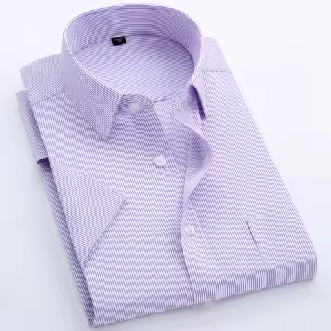 Summer Short Sleeve S~8xl Men's Striped Dress Shirt Square Collar Non-iron Regular Fit Anti-wrinkle 