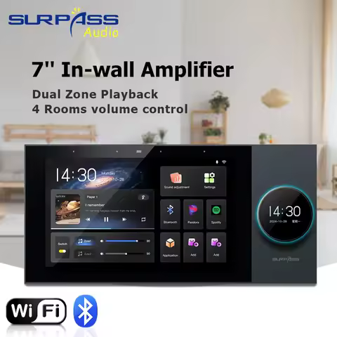 Home 4 Zone Audio Inwall Amplifier 7 Inch Android 11 Alexa Voice Tuya Smart Home Control Panel 8x30W