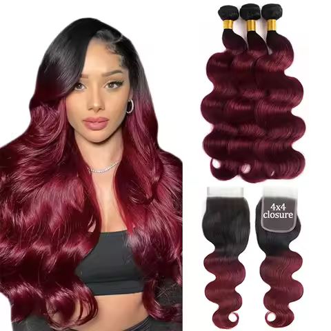 T1B/99J Burgundy Body Wave Human Hair Bundles With Closure 4x4 Transparent Swiss Lace 12A Brazilian 