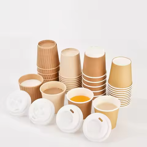 100Pcs 4oz Kraft Paper Disposable Hot Cups Insulated Ripple Sleeves Coffee Cups with Lid for To Go C