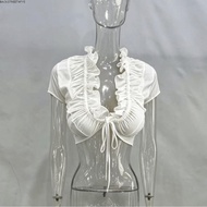BACKSTREET4FZS Deep V-Neck Crop Top, Lace Up Ruched Short Sleeve, Y2k Ruffles White Pleated Solid Sl