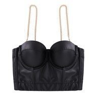 New Women Camisole Top Gold Chain Shoulder Strap Solid Color Sexy PU Leather Crop Top Bustier Bra Night Club Party Tank Top