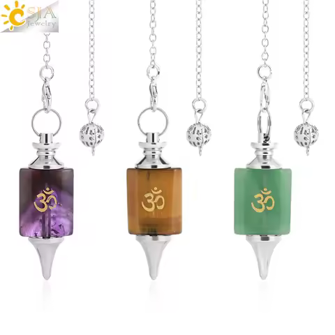 CSJA Natural Stone Shuttle Pendulum for Divination Carved Runes 3D Rectangle Crystal Pendant Healing