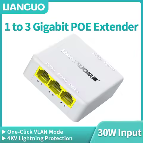 LIANGUO 4 Port Gigabit POE Repeater 100/1000M 1 to 3 PoE Extender with IEEE802.3af/at Plug&Play 48V 